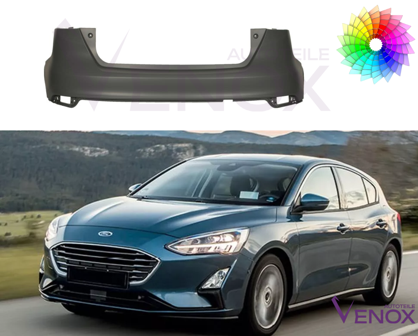 Voor Ford Focus Mk4 vanaf 2018 HB PDC achterbumper gespoten in de gewenste kleur - Afbeelding 2