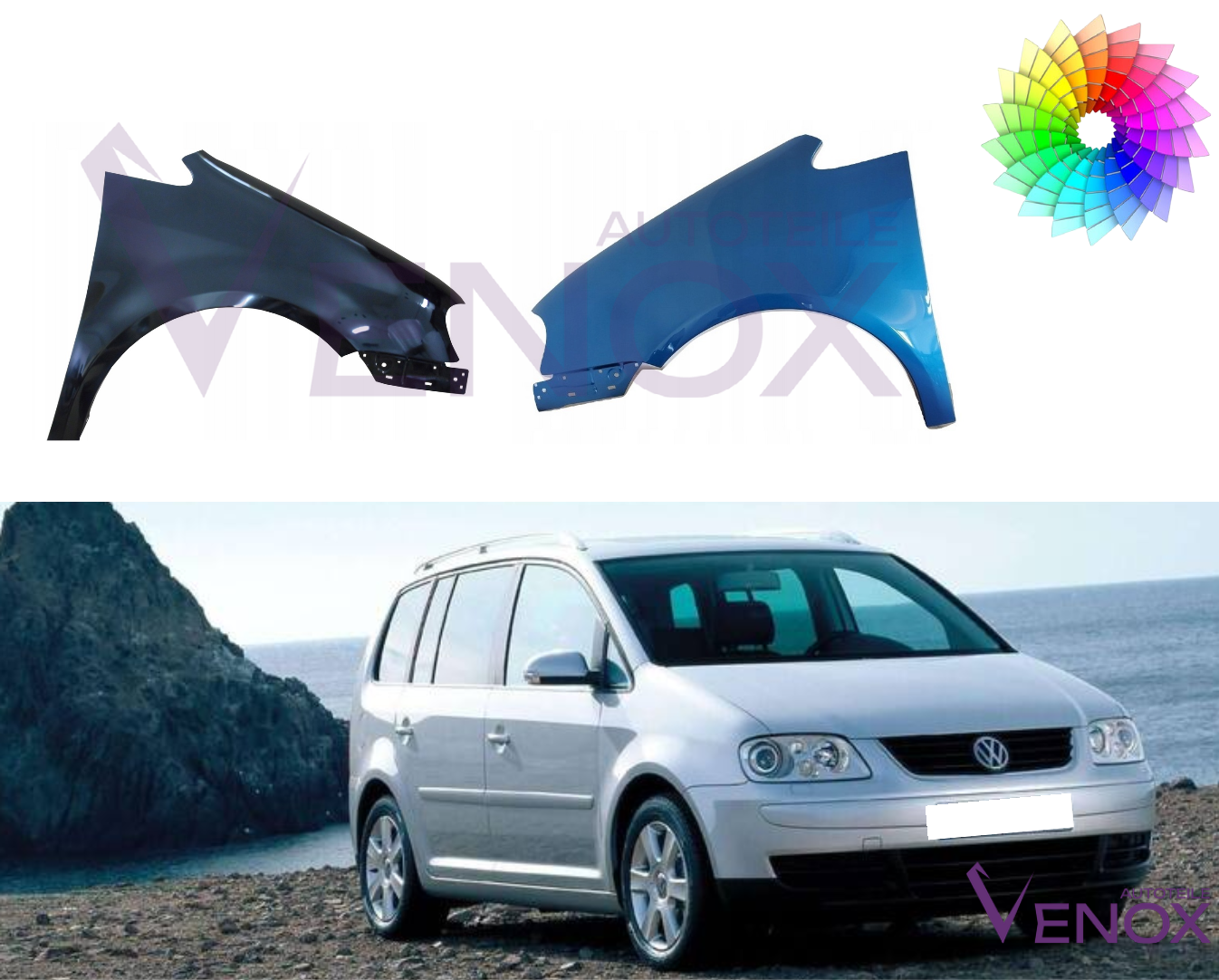 Voor Vw Touran 1T 03-06 Spatbord rechtsvoor gespoten in gewenste kleur NIEUW - Afbeelding 2