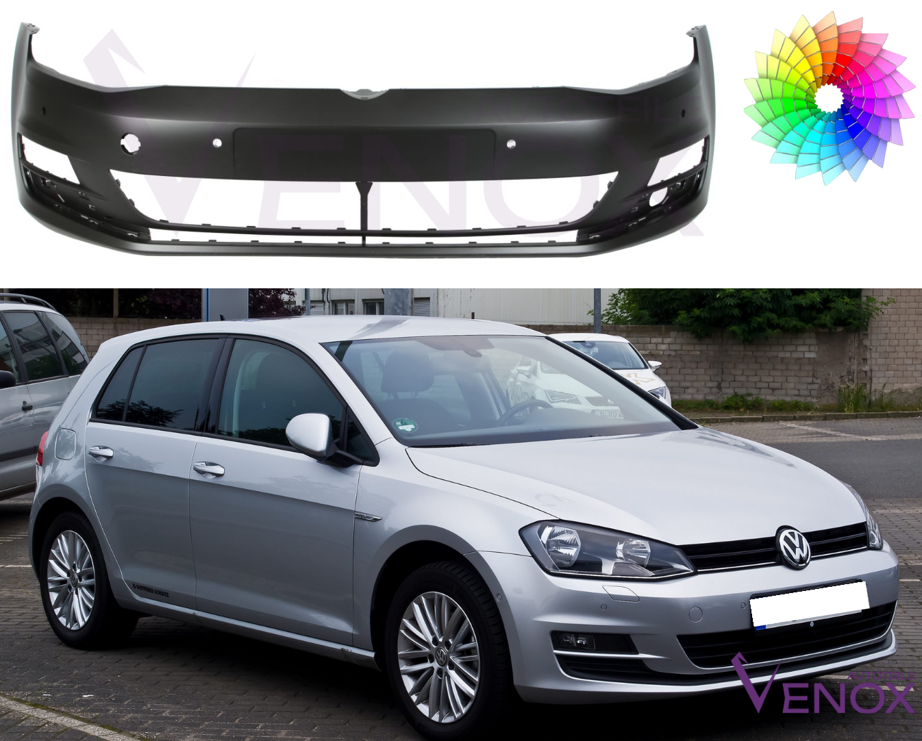 Voor VW Golf 7 VII voorbumper 4 PDC gespoten in gewenste kleur 2012-2017 - Afbeelding 2