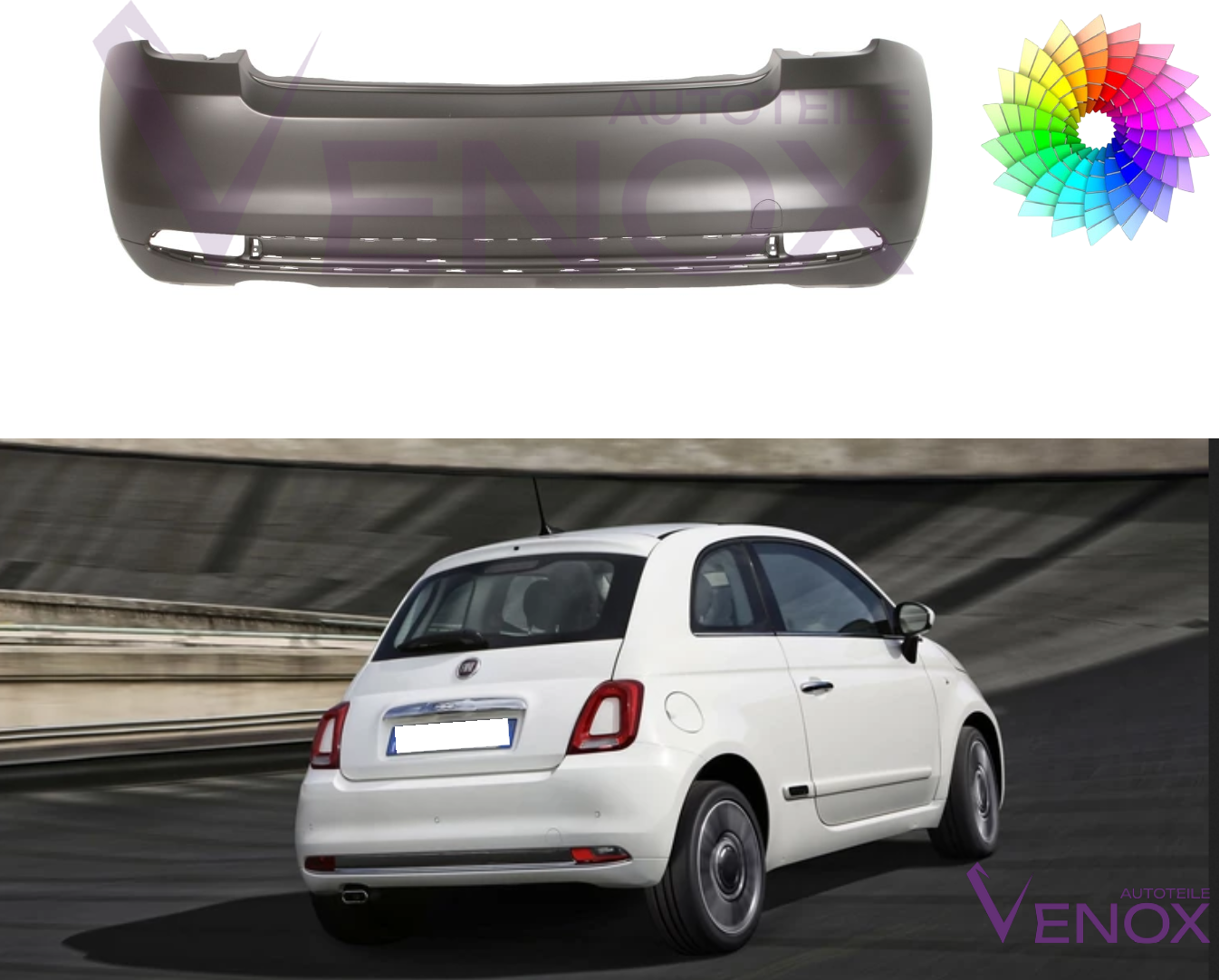 Voor Fiat 500 (312) vanaf 15 Achterbumper in aangepaste kleur gespoten NIEUW - Afbeelding 2