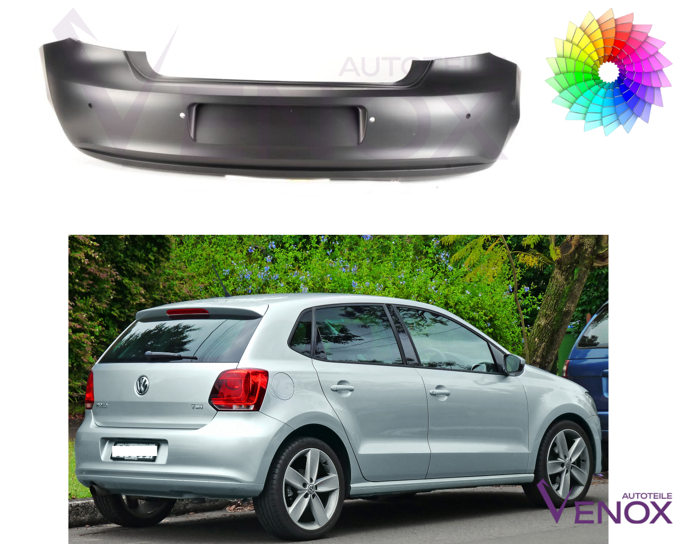 Voor VW Polo 6R 2009-2014 PDC achterbumper gespoten in de gewenste kleur - Afbeelding 2