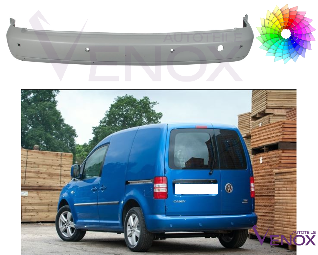Voor VW Caddy 10-15 Achterbumper 6xPDC Gespoten in gewenste kleur NIEUW - Afbeelding 2