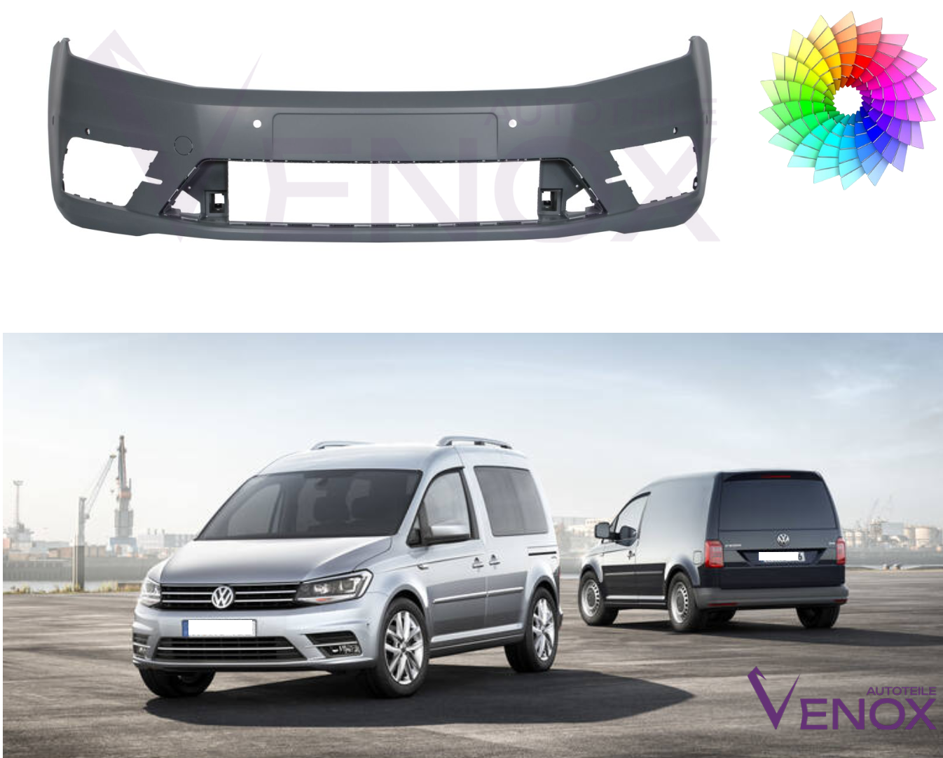 Voor VW Caddy vanaf 15 Voorbumper PDC Gespoten in de gewenste kleur NIEUW - Afbeelding 2