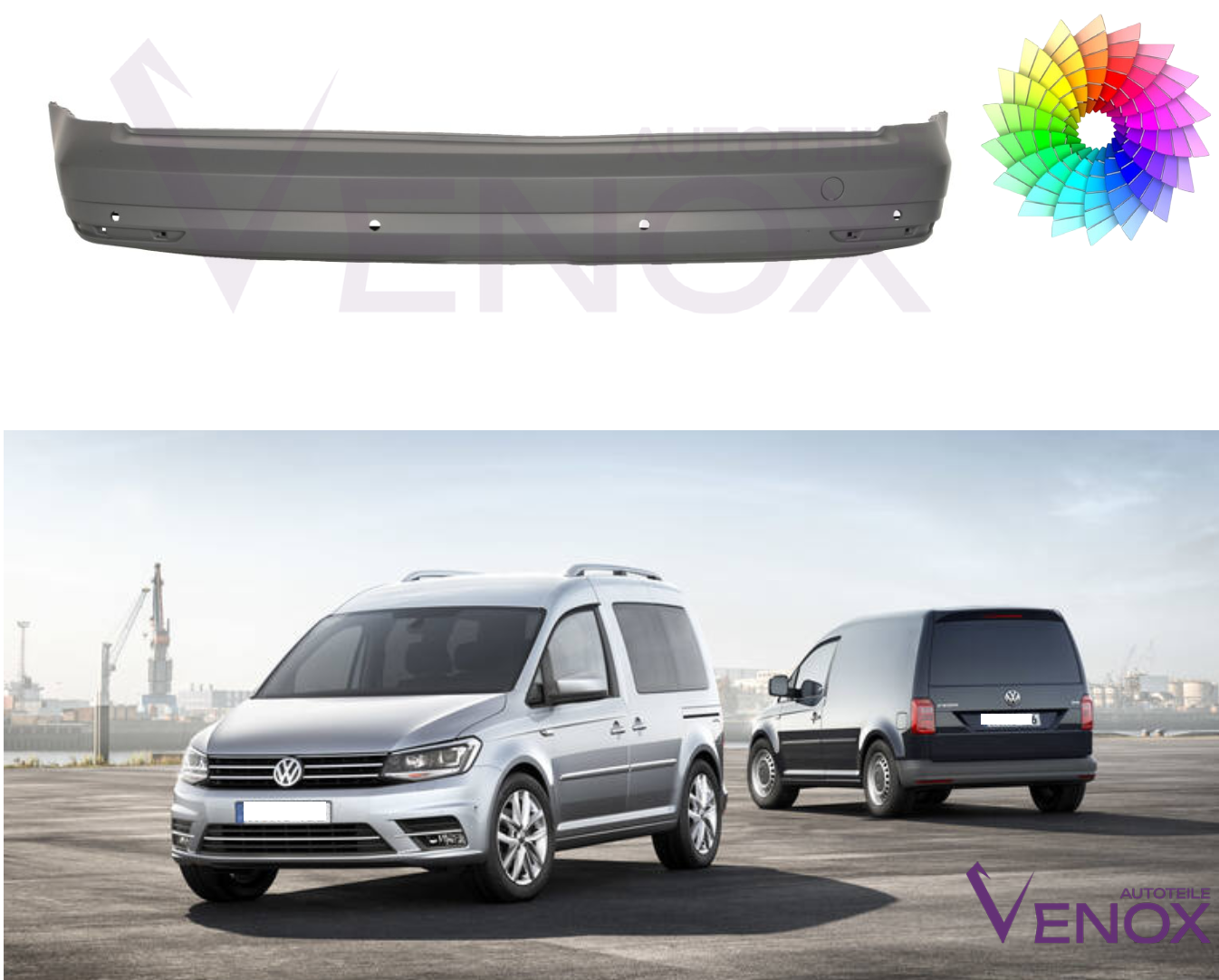 Voor VW Caddy vanaf 2015 Achterbumper PDC Gespoten in de gewenste kleur NIEUW - Afbeelding 2