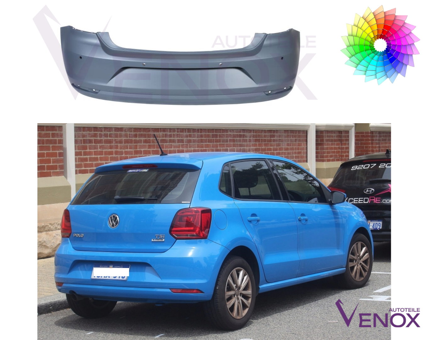 Voor VW Polo 6R 2014-2017 PDC achterbumper gespoten in de gewenste kleur - Afbeelding 2