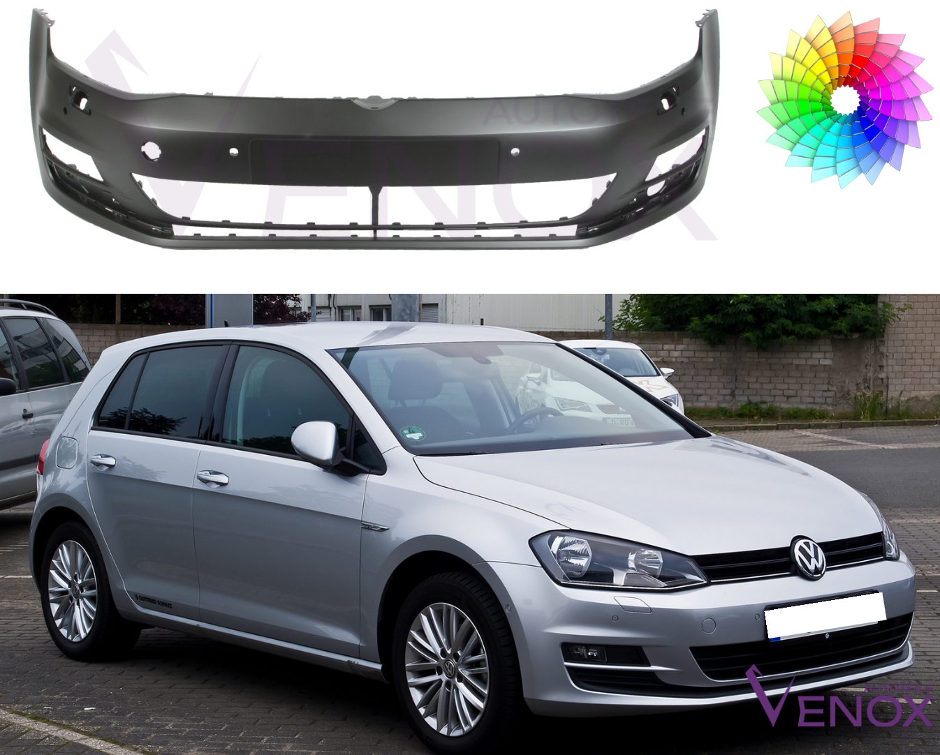 Voor bumper VW Golf 7 VII 12-17 6xPDC SRA vooraan gespoten in de gewenste kleur - Afbeelding 2