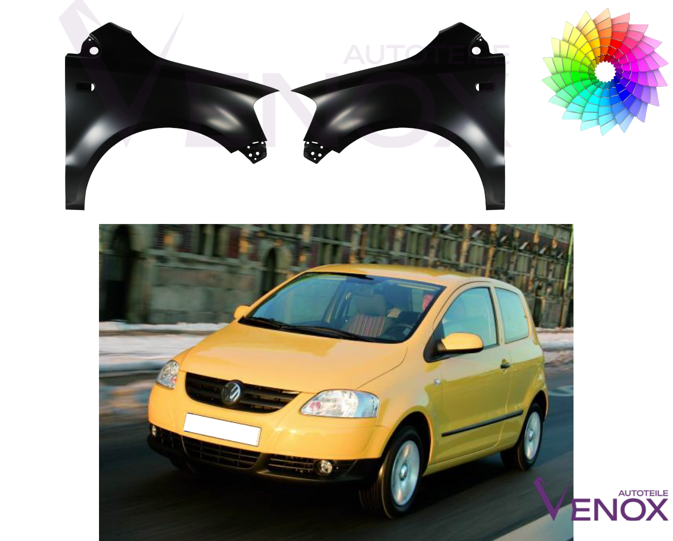 Voor VW Fox 2005-2011 Spatbord linksvoor gespoten in de gewenste kleur NIEUW - Afbeelding 2