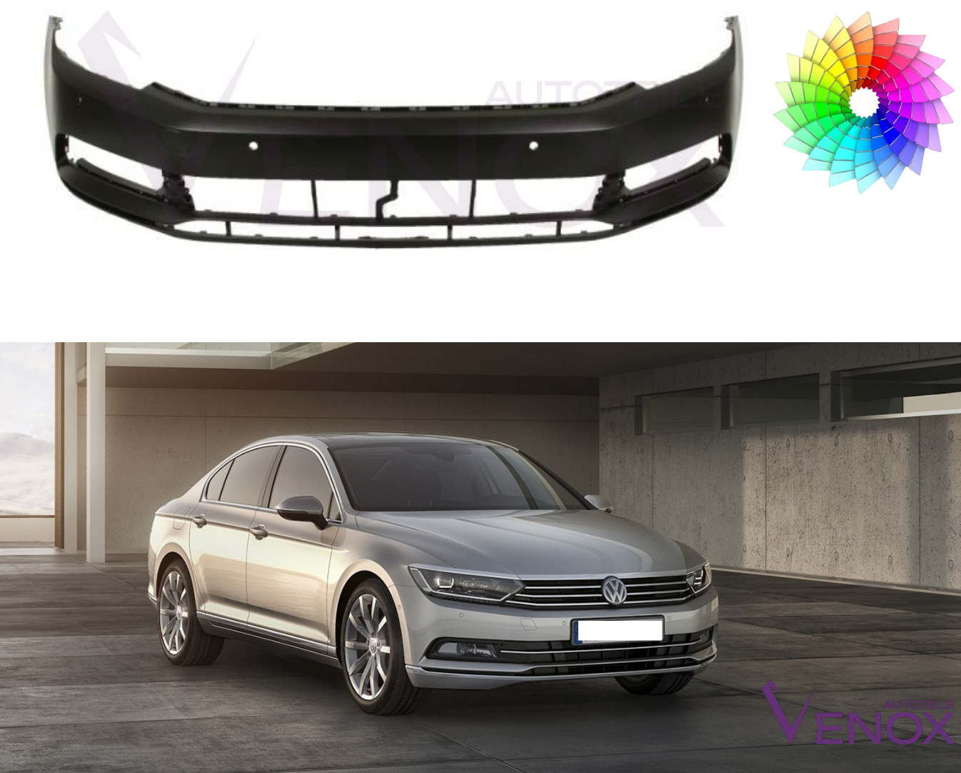 Voor VW Passat B8 2014- PDC voorbumper gespoten in de gewenste kleur - Afbeelding 2