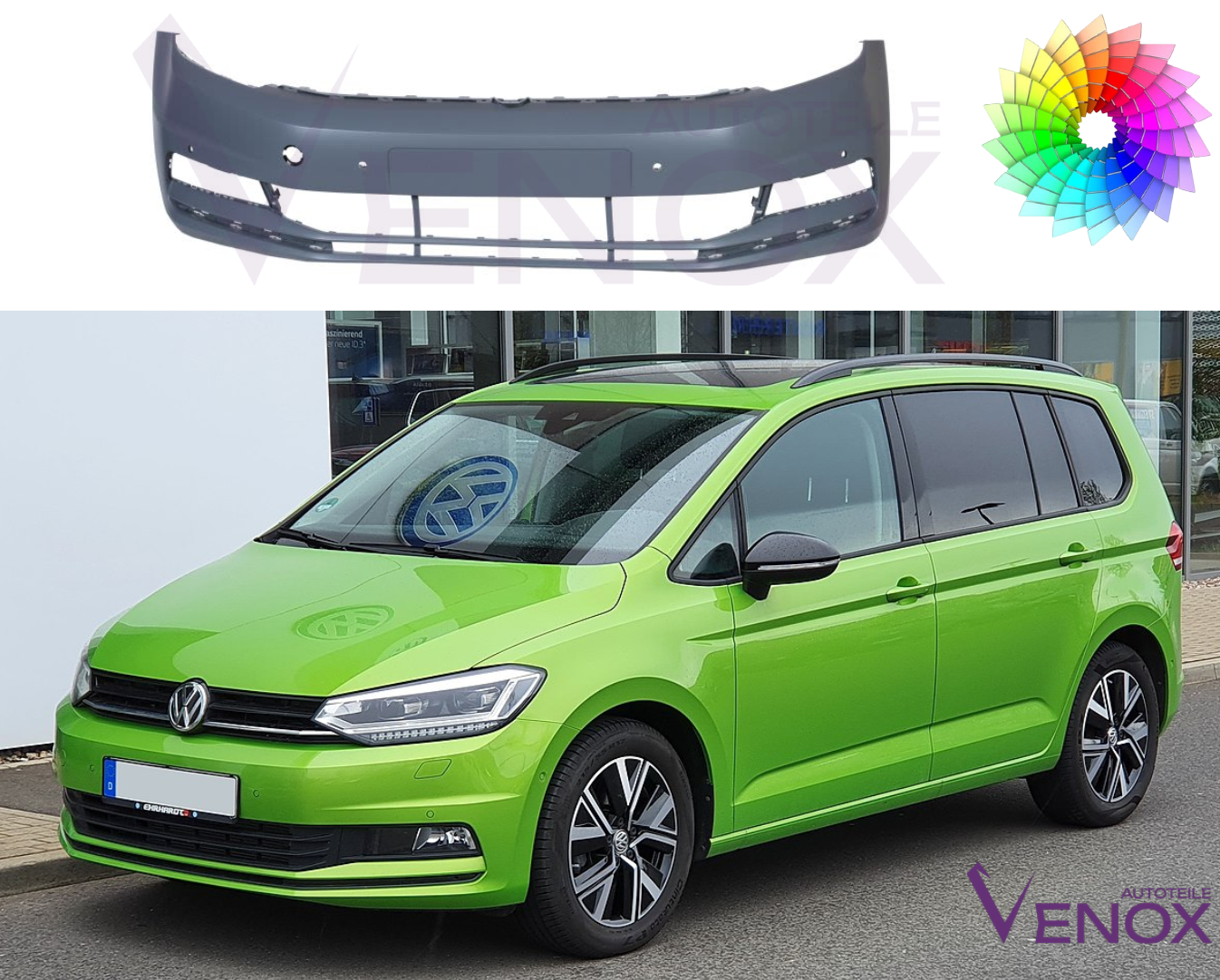 Voor VW Touran 5T vanaf 2015 4x PDC voorbumper gespoten in gewenste kleur - Afbeelding 2