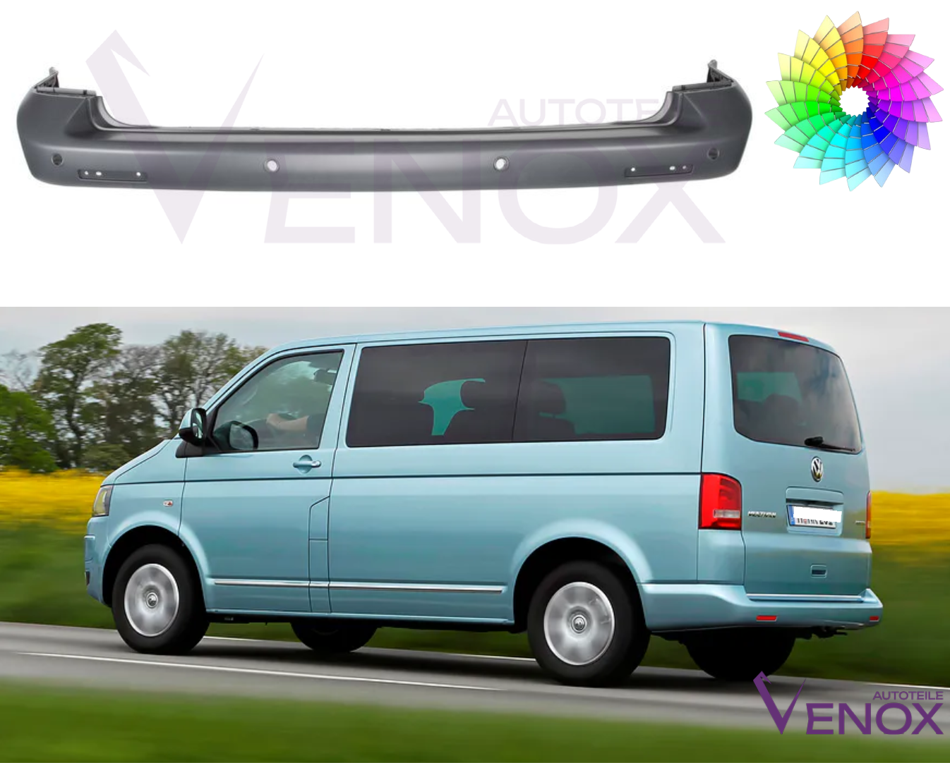 Voor VW T5 09-15 PDC achterbumper gespoten in de gewenste kleur - Afbeelding 2