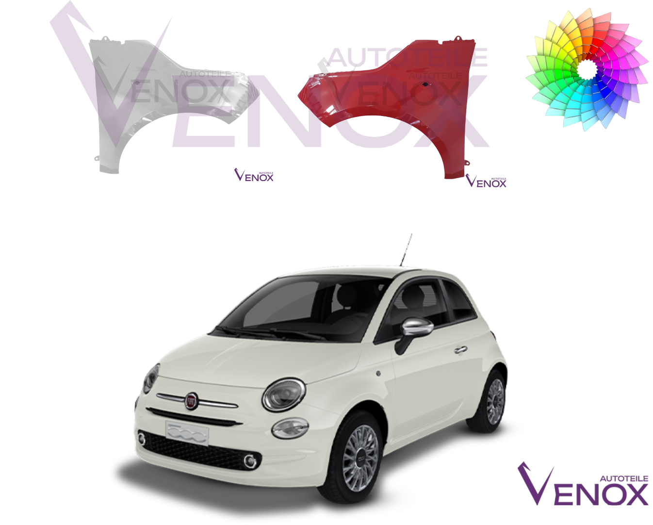 Voor Fiat 500 (312) 07-20 Spatbord rechtsvoor Gespoten in de gewenste kleur NIEUW - Afbeelding 2