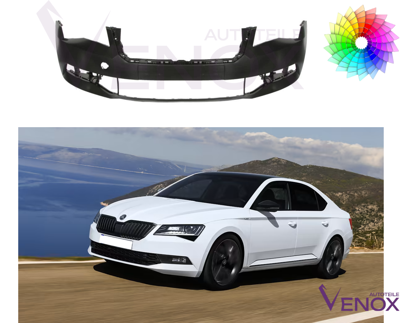 Voor Skoda SuperB 3V vanaf 2015 SRA 4/6 PDC voorbumper gespoten in de gewenste kleur - Afbeelding 2