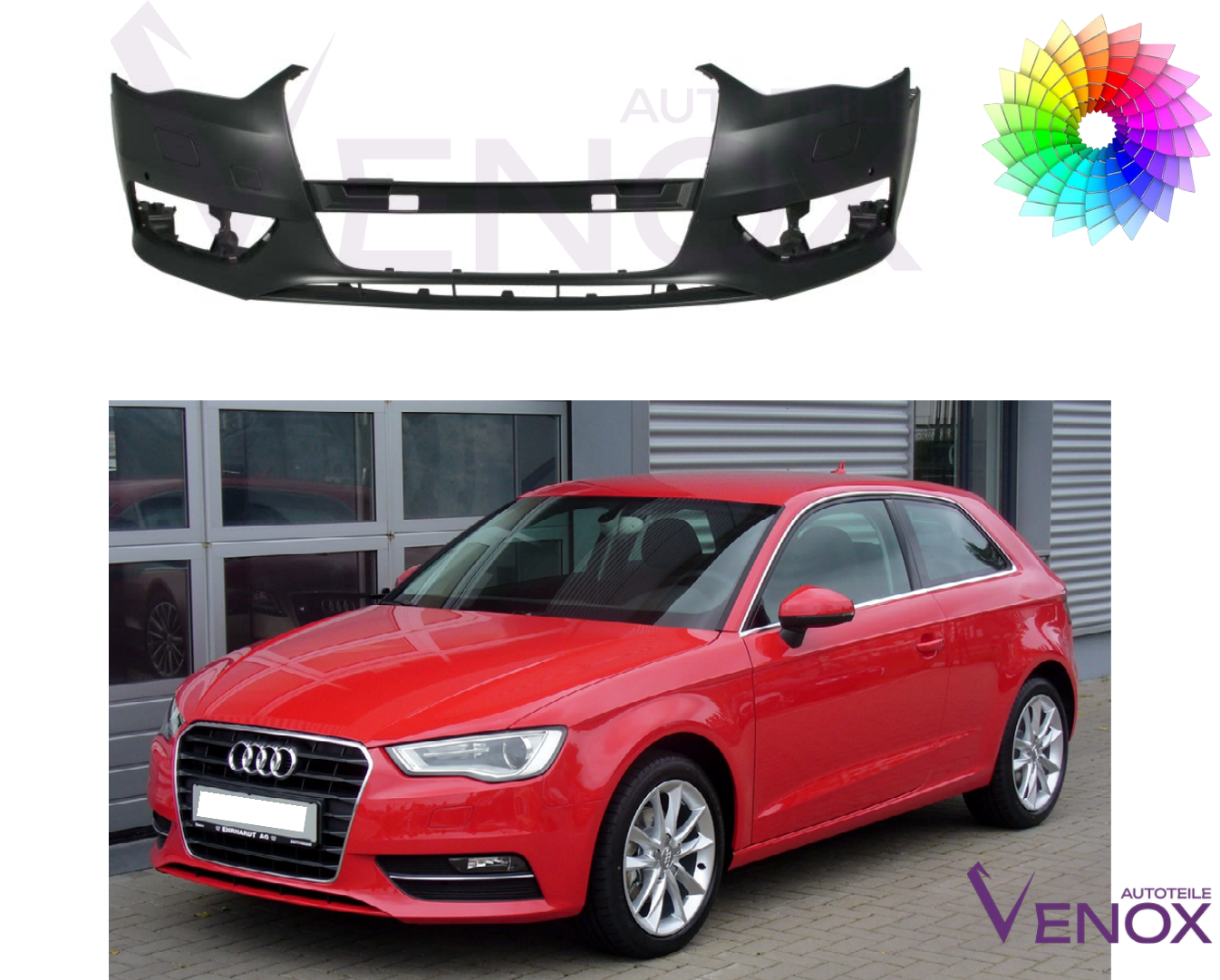 Voor Audi A3 8V 2012-2016 SRA PDC voorbumper gespoten in gewenste kleur NIEUW - Afbeelding 2