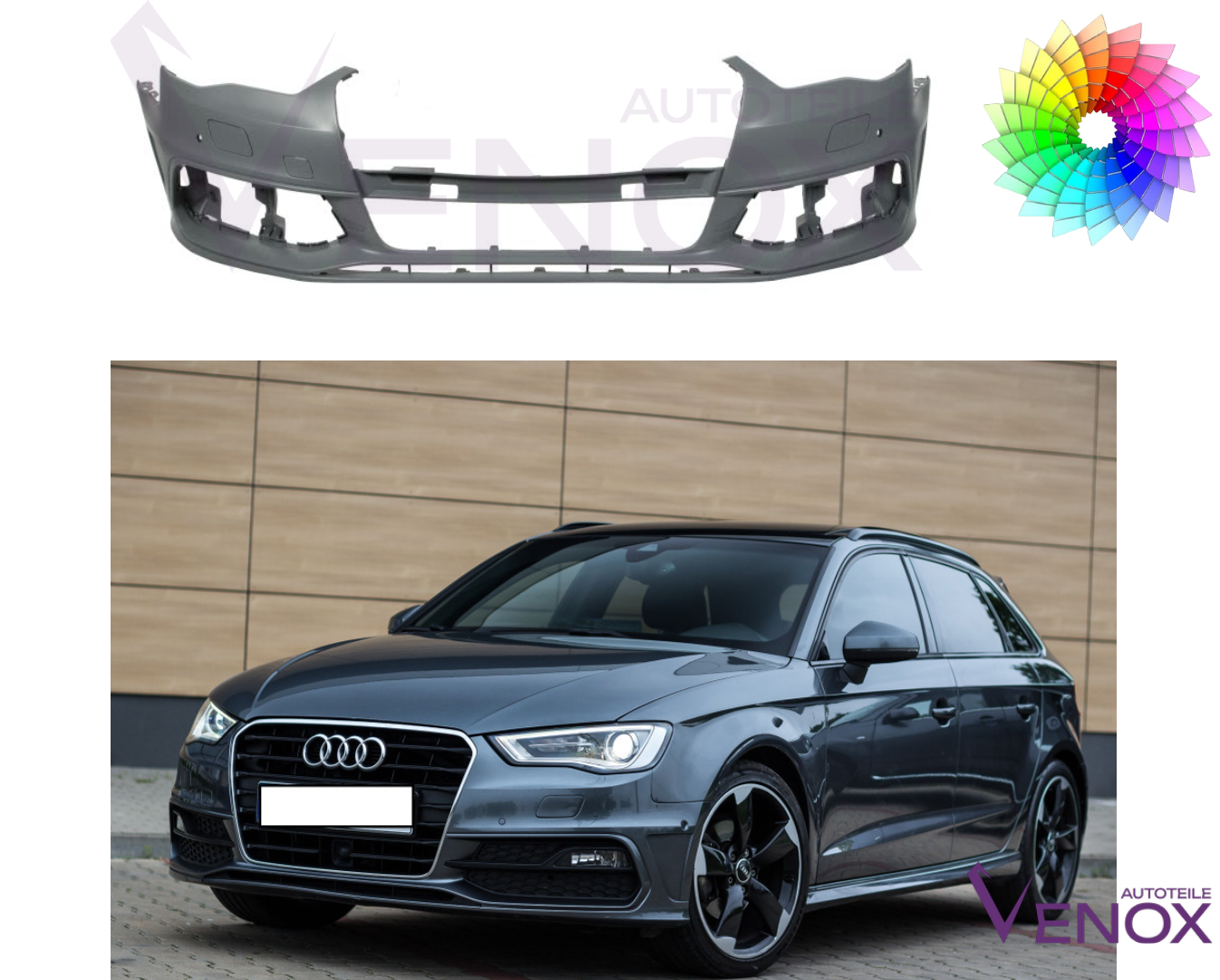 Voor Audi A3 8V 12-16 S-Line SRA PDC +/- Voorbumper gespoten in kleur naar keuze - Afbeelding 2