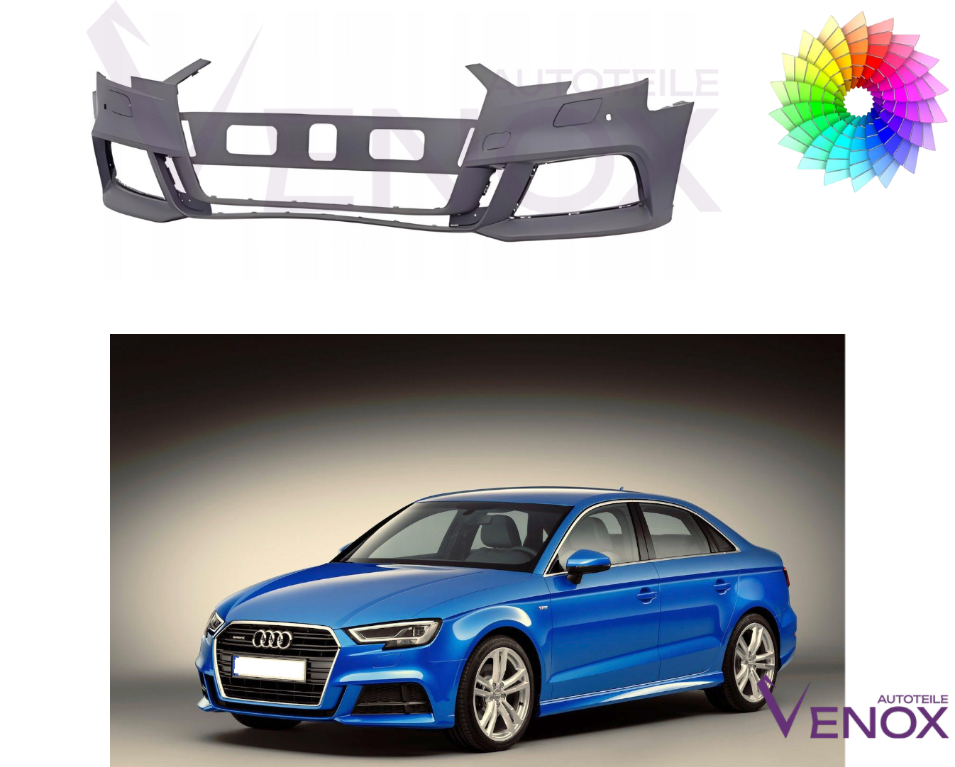 Voor Audi A3 8V Lim 16-20 SRA PDC voorbumper gespoten in de gewenste kleur - Afbeelding 2