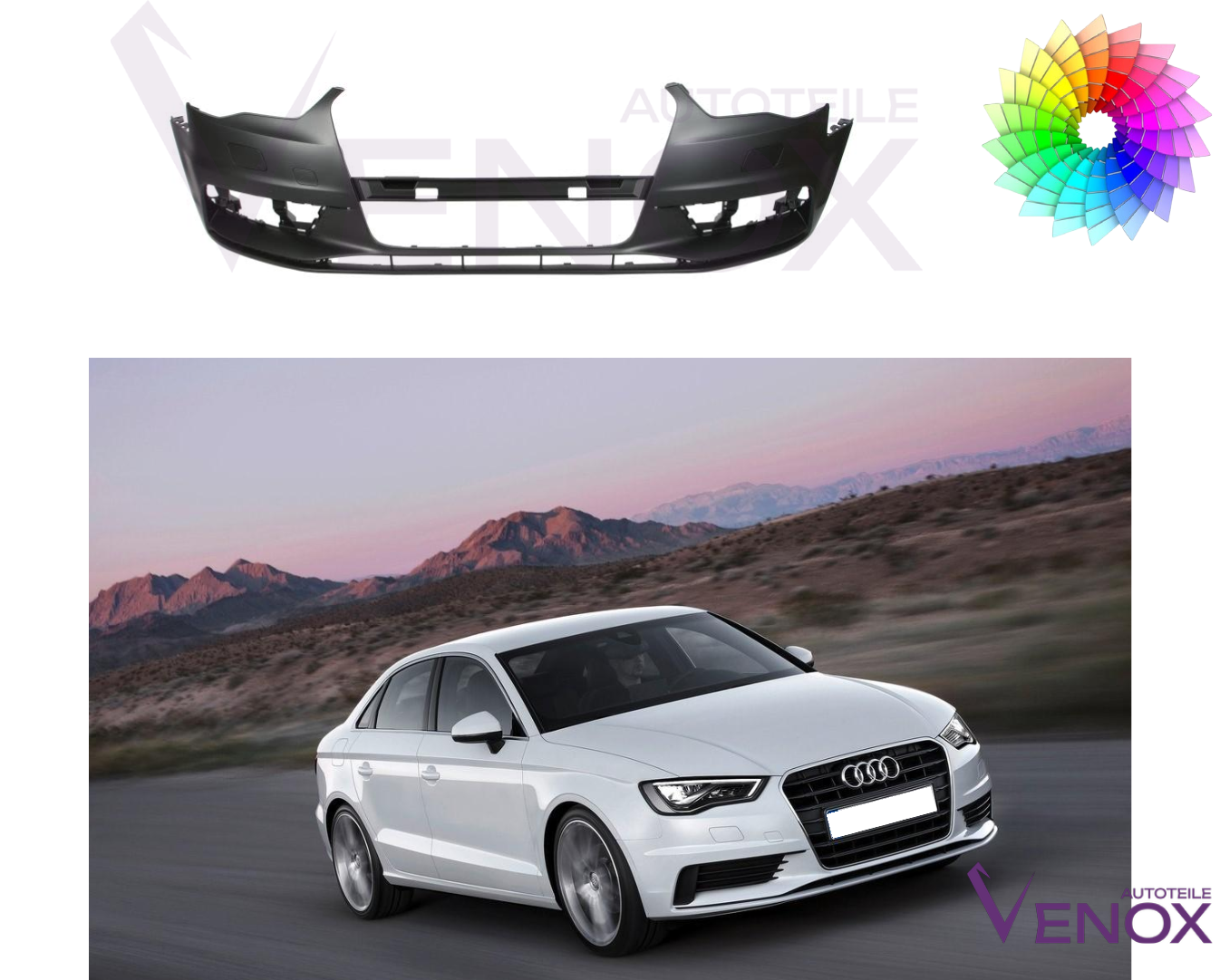 Voor Audi A3 8V Lim 12-16 SRA PDC voorbumper gespoten in de gewenste kleur - Afbeelding 2