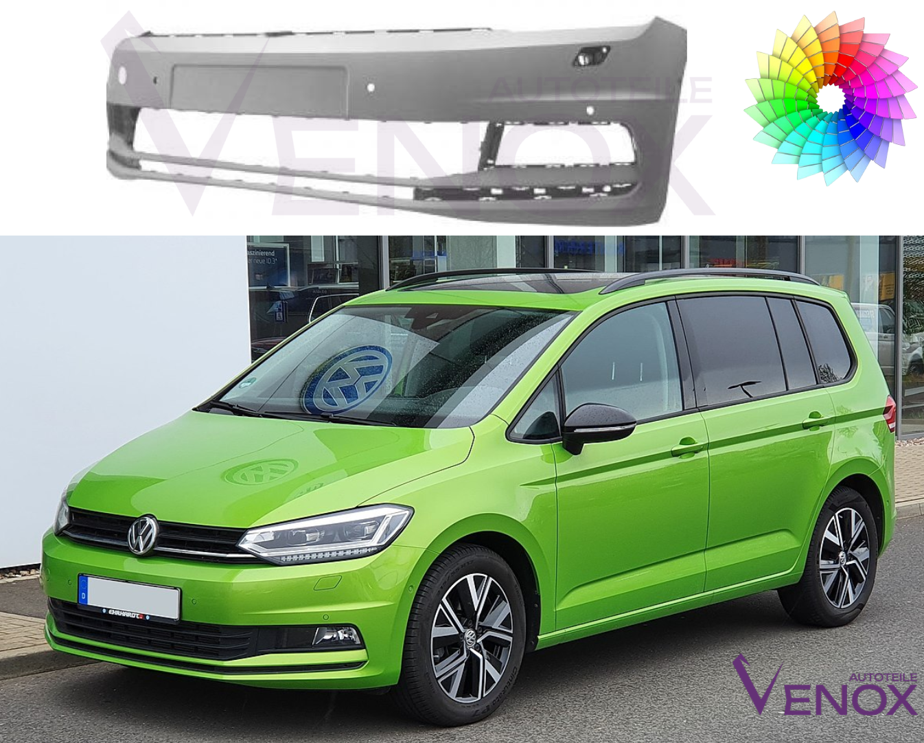 Voor VW Touran 5T vanaf 2015 4x PDC SRA voorbumper gespoten in de gewenste kleur - Afbeelding 2