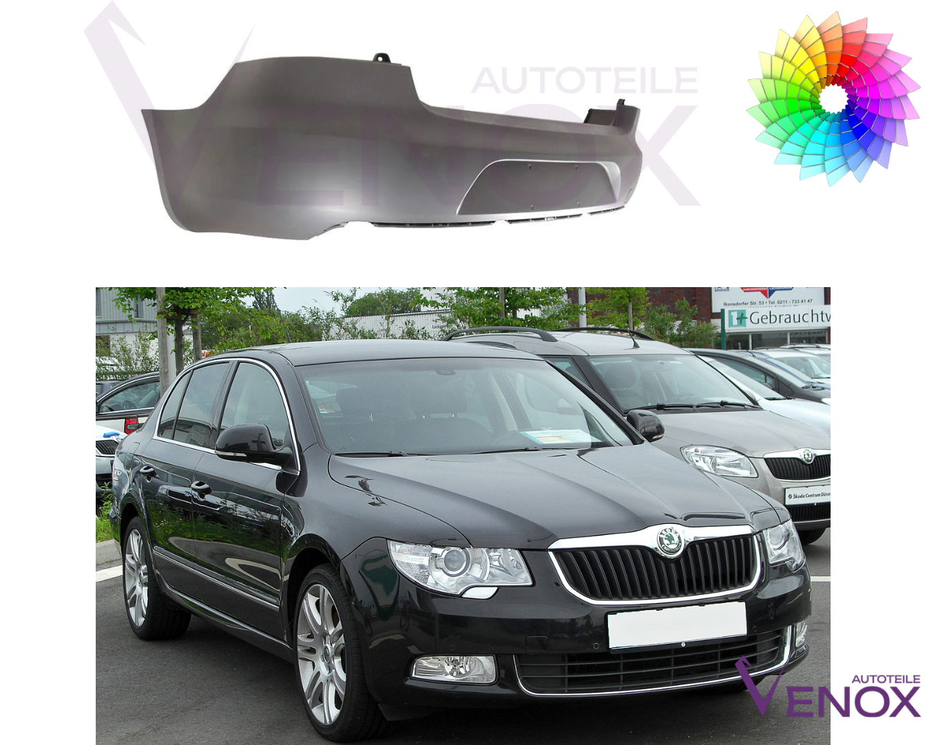 Voor Skoda SuperB 2008-2013 +- PDC achterbumper gespoten in gewenste kleur - Afbeelding 2