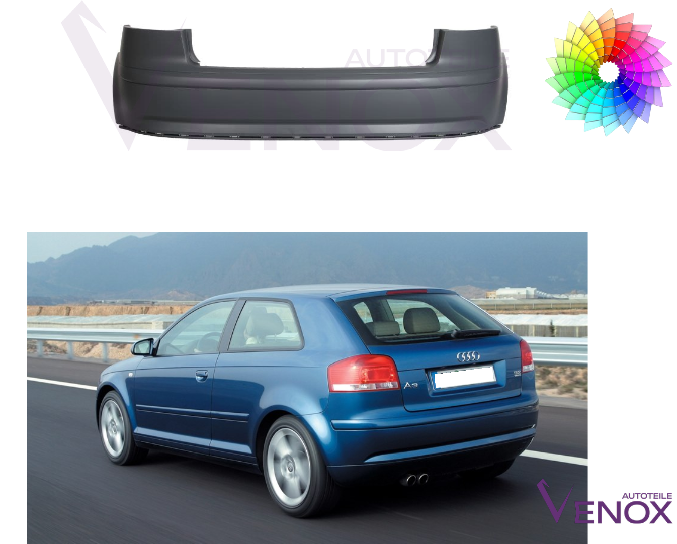 Voor Audi A3 8P 2003-2008 3-deurs achterbumper gespoten in de gewenste kleur - Afbeelding 2