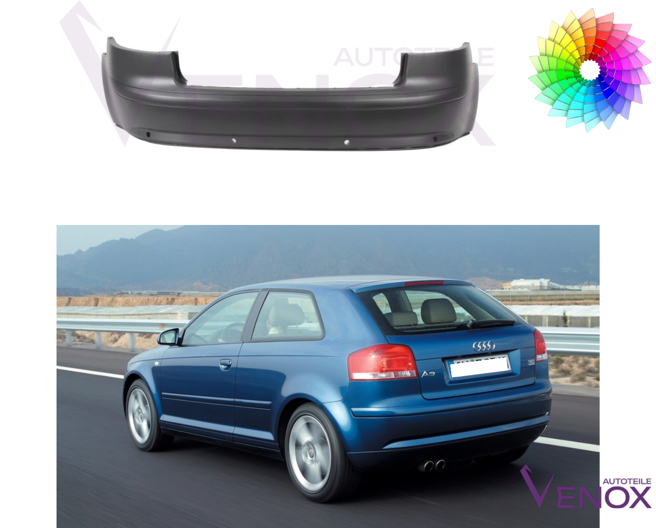 Voor Audi A3 8P 2003-2008 3-deurs PDC achterbumper gespoten in gewenste kleur - Afbeelding 2