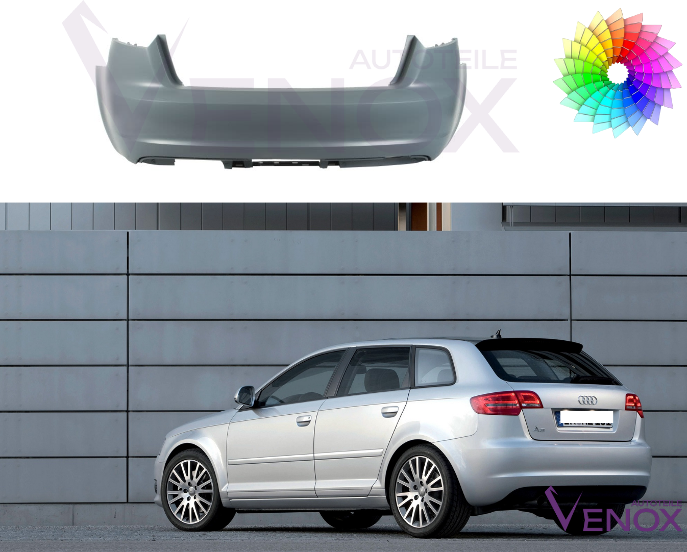 Voor Audi A3 8P 2008-2012 SportBack PDC achterbumper gespoten in de gewenste kleur - Afbeelding 2