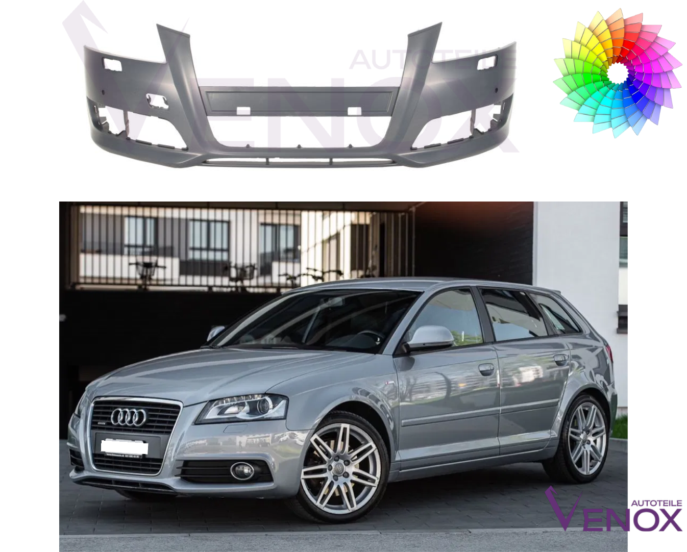 Voor Audi A3 8P 2008-2013 SRA PDC voorbumper gespoten in de gewenste kleur - Afbeelding 2